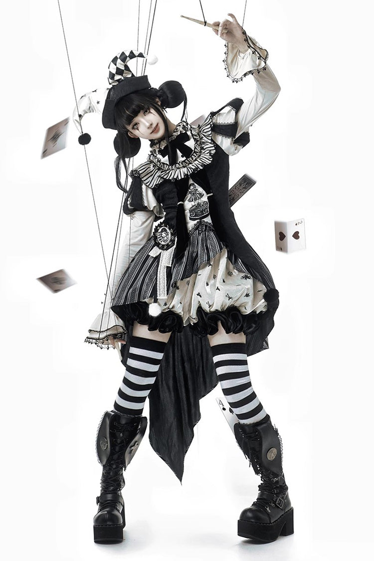 Black [Weird Toy Box] Circus Clown Halloween Print Ruffle Embroidery Asymmetric Gothic Ouji Lolita Full Set - Black - 1