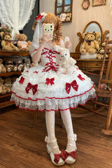 White/Red [Sweetheart] Sleeveless Multi-Layered Embroidered Bow Lace Lace-Up Sweet Lolita Jsk Dress - Product - 6
