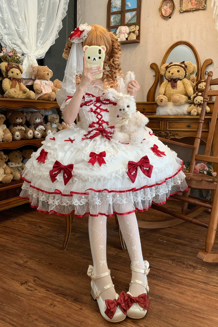 White/Red [Sweetheart] Sleeveless Multi-Layered Embroidered Bow Lace Lace-Up Sweet Lolita Jsk Dress - Product - 6