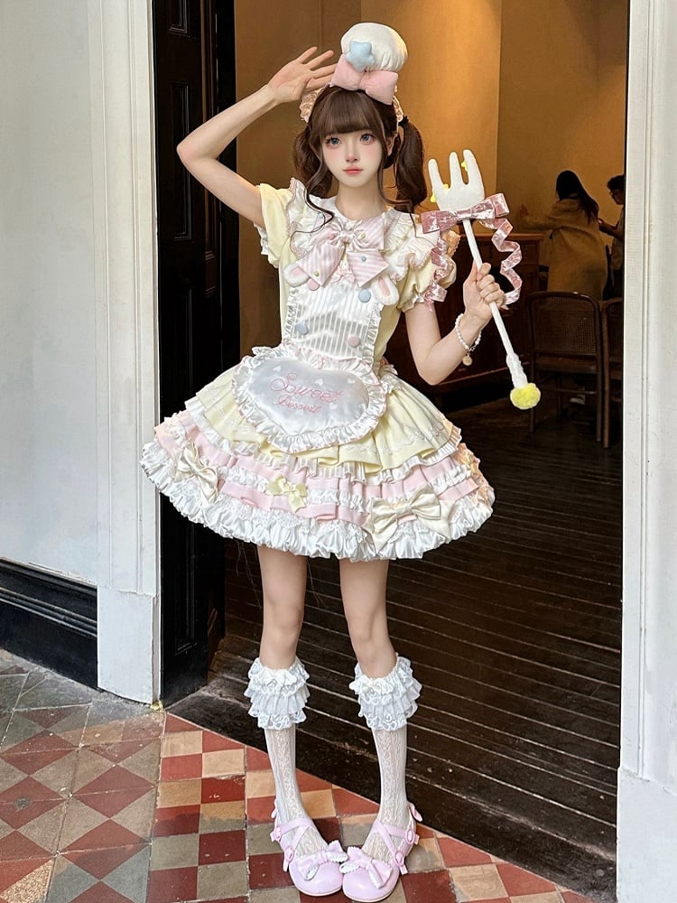 Yellow & Pink Bunny Maid Sweet Lolita Puff Sleeve Dress detail view 3