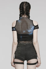 High Collar Hollow Stitching Tie-dyed Off-The-Shoulder Womens Steampunk T-Shirt 3 Colors - Product - 10