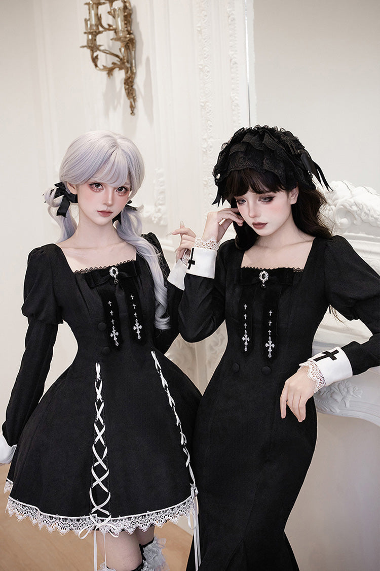 Black/White [Rose Doll] Square Collar Long Sleeves Bowknot Lace-Up Gothic Lolita Dress Set 2 Versions - Product - 12