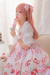 [Strawberry Feast] Sleeveless Printed Ruffled Bow Sweet Lolita Jsk Dress 4 Colors - Product - 2