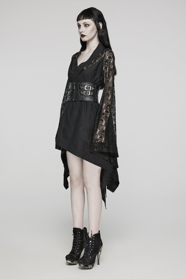 Black Irregular Hem Skull Print Hollow Stitching Womens Steampunk Kimono Dress - Product - 2