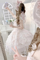 Pink [Sweetheart Diary] Multi-Layered Ruffle Hanayome Embroidery Bowknot Lace Sweet Lolita Jsk Dress - Product - 11