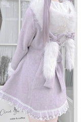 Grey/Purple Long Sleeves Bowknot Rabbit Ears Detachable Hooded Japanese Jirai Kei Coat - Product - 3