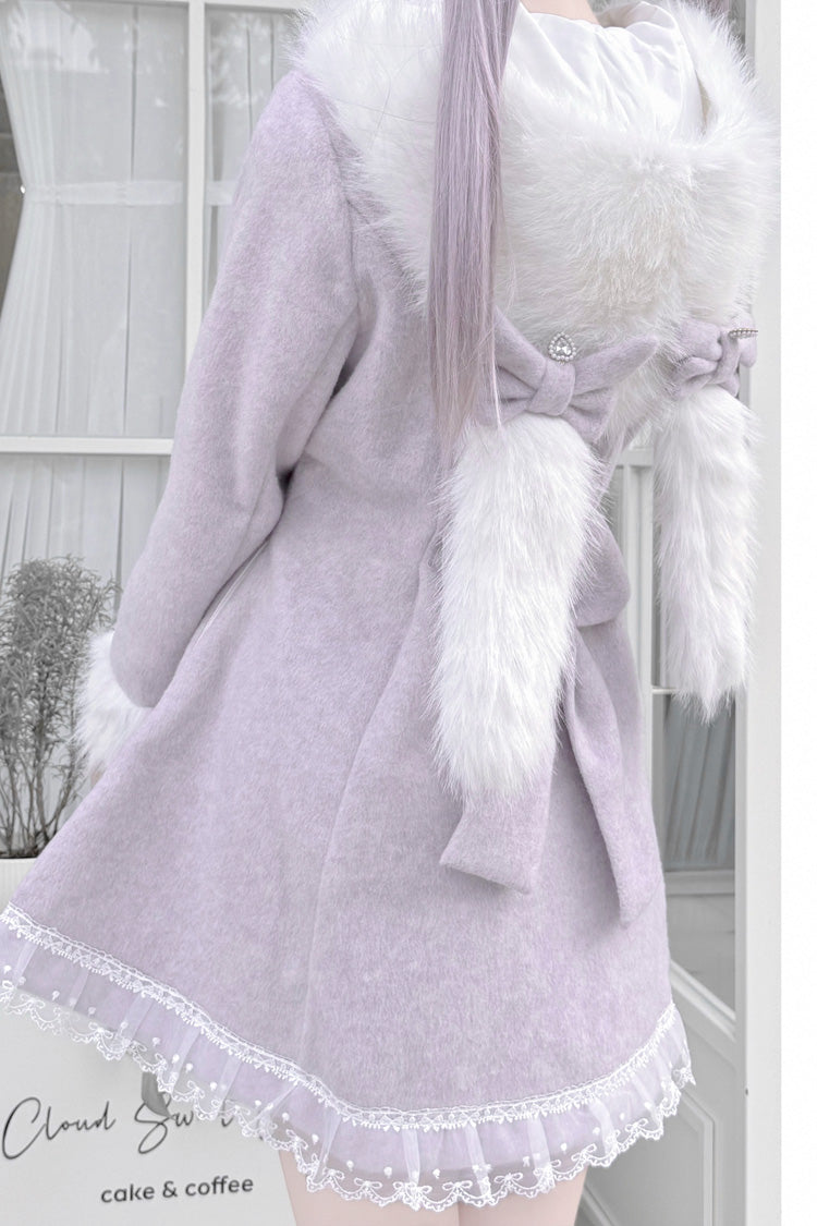 Grey/Purple Long Sleeves Bowknot Rabbit Ears Detachable Hooded Japanese Jirai Kei Coat - Product - 3