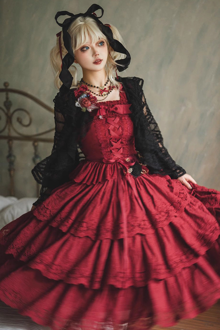 Wine Red [Forest Waltz] Embroidery Bowknot Lace-Up Slim Sweet Elegant Lolita Suspender Top - Product - 2