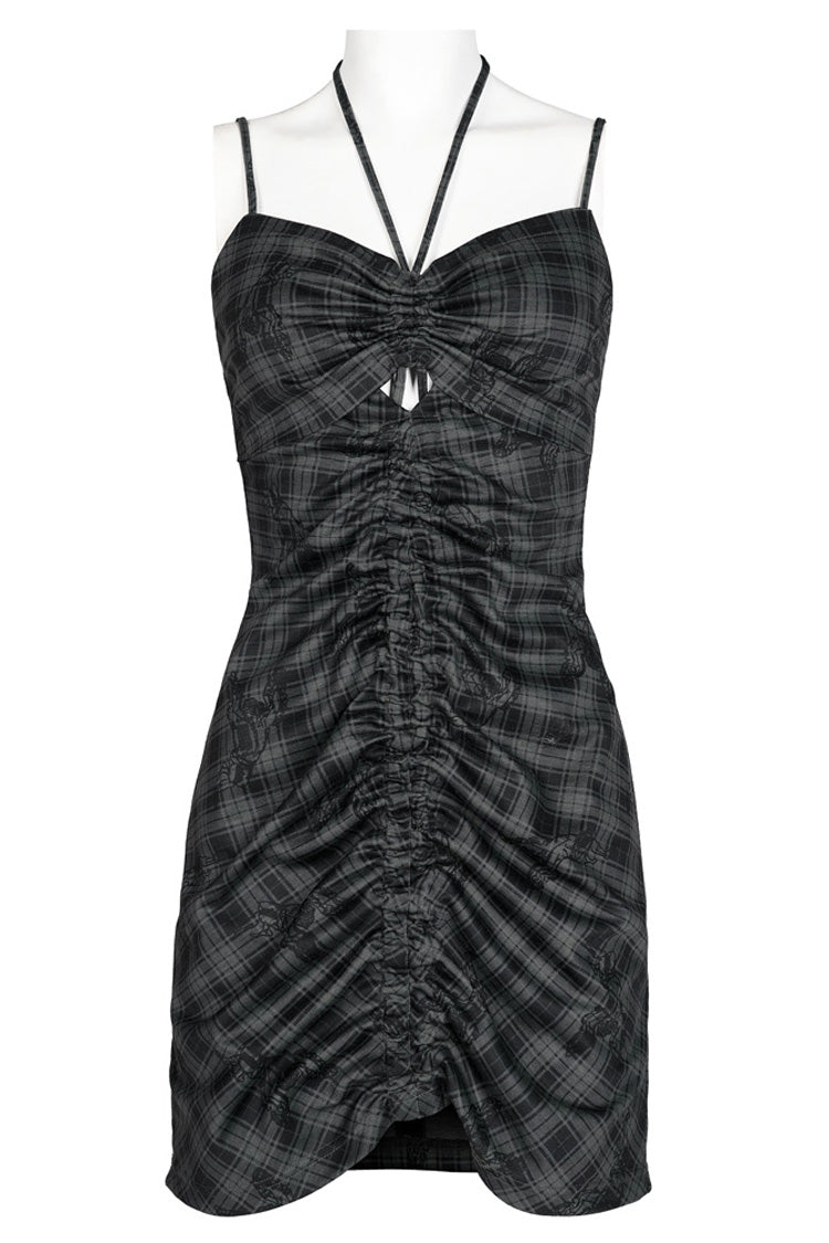 Grey Knitted Stretch Hollow-Carved Design Drawstring Bodycon Shoulder Strap Halter Neck Women's Punk Dress - Product - 5