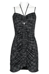 Grey Knitted Stretch Hollow-Carved Design Drawstring Bodycon Shoulder Strap Halter Neck Women's Punk Dress - Product - 5