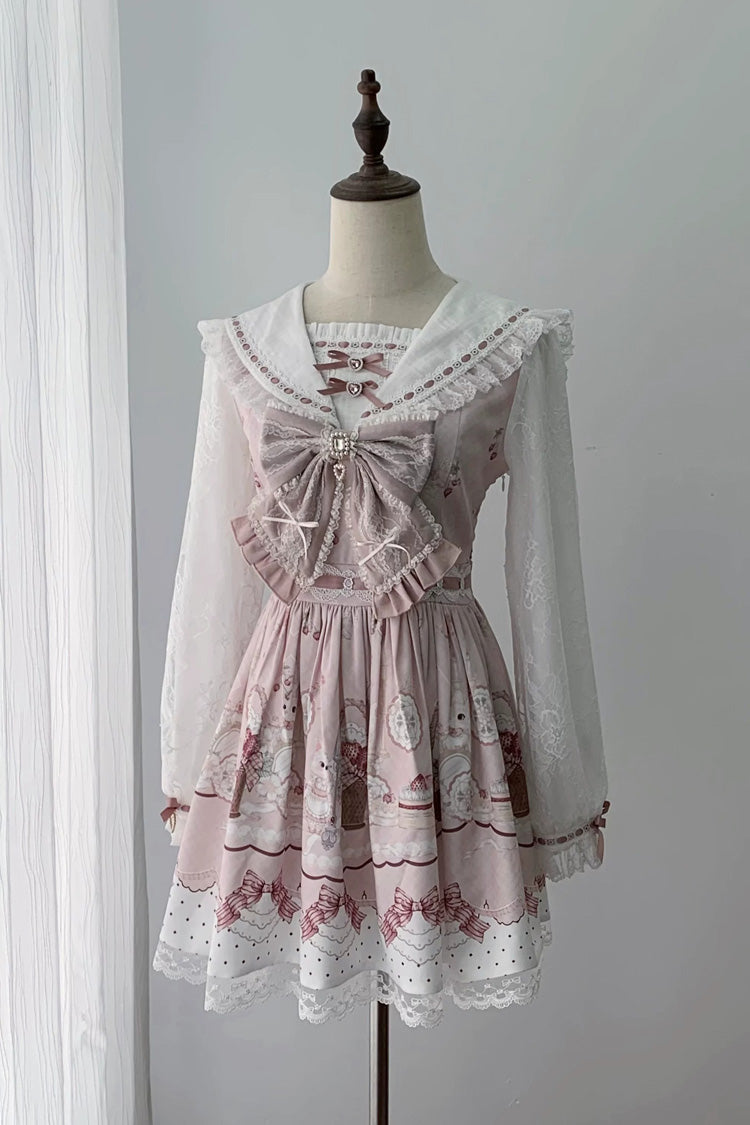 White/Pink [Strawberry Bunny] Navy Collar Long Sleeves Printed Ruffled Bow Lace Sweet Japanese Jirai Kei OP Dress - White/Pink(OP) - 1