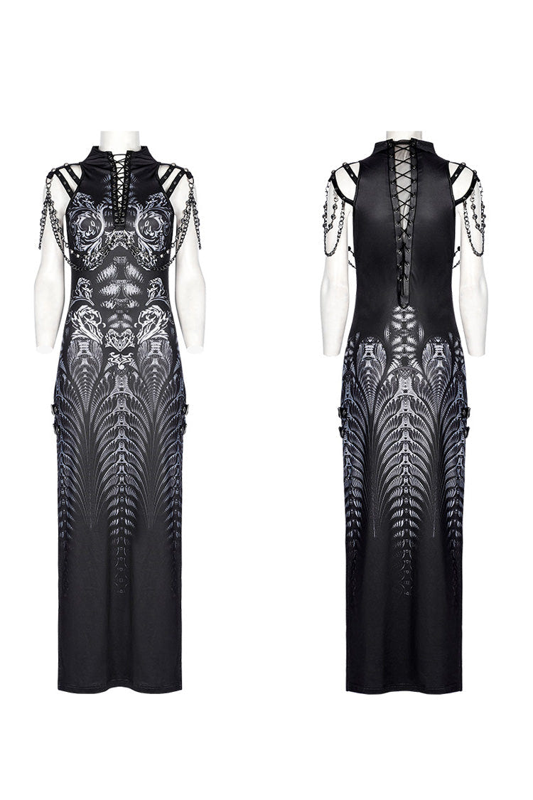 Black Print Lace-Up Side Slit Women's Gothic Dress with Chain - Product - 5