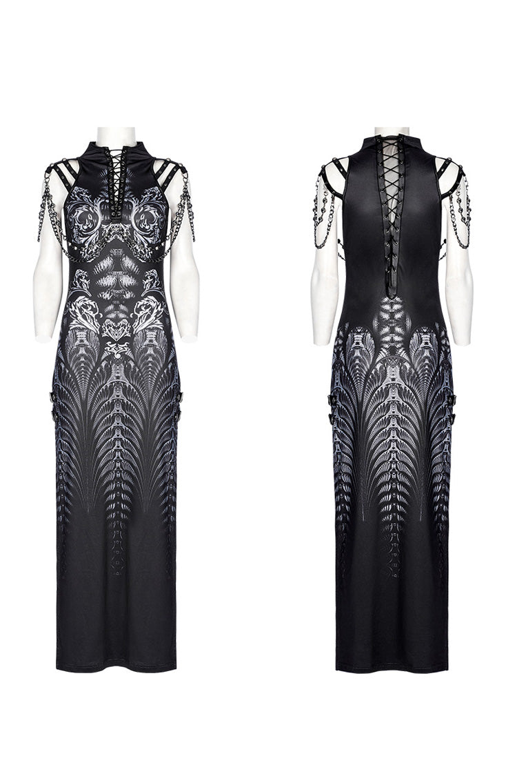 Black Print Lace-Up Side Slit Women's Gothic Dress with Chain - Product - 5