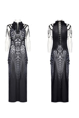 Black Print Lace-Up Side Slit Women's Gothic Dress with Chain - Product - 5