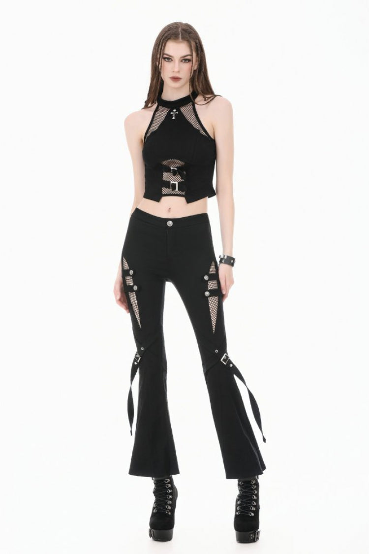 Black Women's Punk Buckled Straps Cut-Out Sheer Mesh Patchwork Flare Pants - Black - 1