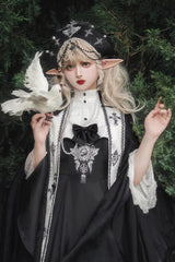 Black [Cross Nun] Stand Collar Off Shoulder Print Bowknot Gothic Elegant Lolita Dress - Product - 13