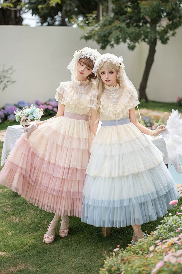Blue [Sincere Vow] Edwardian Collar Short Sleeves Ombre Multi-Layered Ruffled Embroidered Sweet Lolita Dress - Product - 2