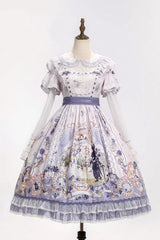 Purple [Red Hare Tea Party] Lapel Collar Long Sleeves Printed Ruffled Lace Chiffon Sweet Elegant Lolita Dress - Purple - 1