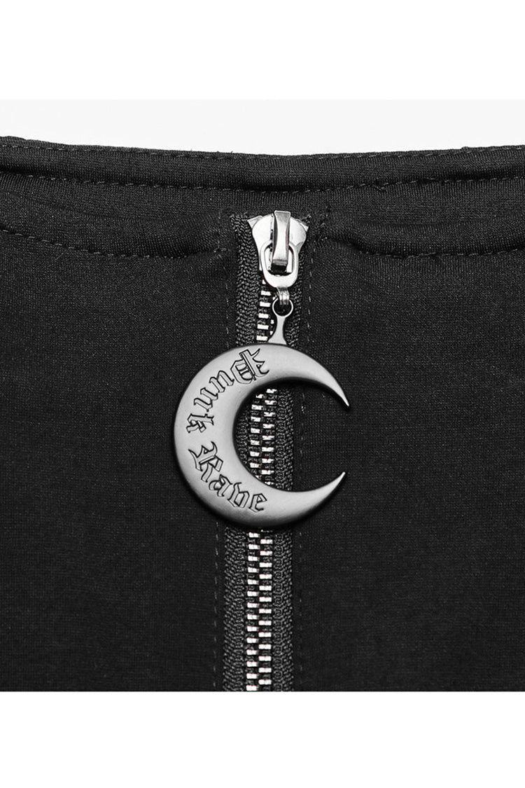 Black Stretch-Knit Paneled Faux Leather Waistband Ghost Button Flared Women's Punk Pants - Product - 8