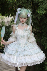 Green [Prelude of Spring Cherry] Square Collar Sleeveless Multi-Layered Jacquard Ruffled Bow Lace Pearl-Decorated Sweet Lolita Jsk Dress - Product - 7