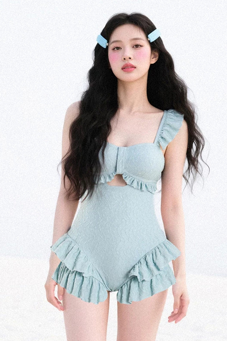 Blue Square Collar Sleeveless Ruffled Sweet Lolita One-Piece Swimsuit - Product - 5