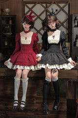 [Liya] Square Collar Long Lantern Sleeves Multi-Layered Ruffled Classic Elegant Lolita Dress 2 Colors (Black, Red) - Product - 4