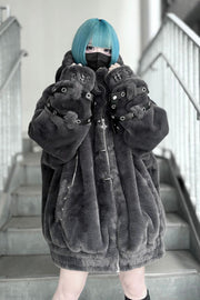 Jirai Kei Long Sleeves Hooded Zipper Punk Japanese Coat With Cross Leather Buckles 2 Colors - Grey - 1