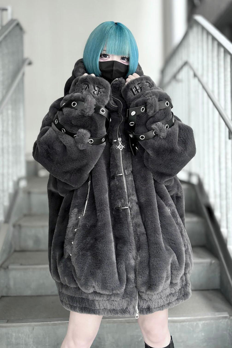 Jirai Kei Long Sleeves Hooded Zipper Punk Japanese Coat With Cross Leather Buckles 2 Colors - Grey - 1