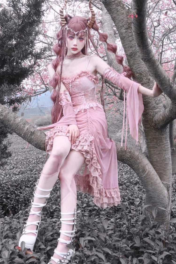 Pink Cherry Nightmare V Collar High Waisted Gothic Lolita JSK Dress - Product - 10