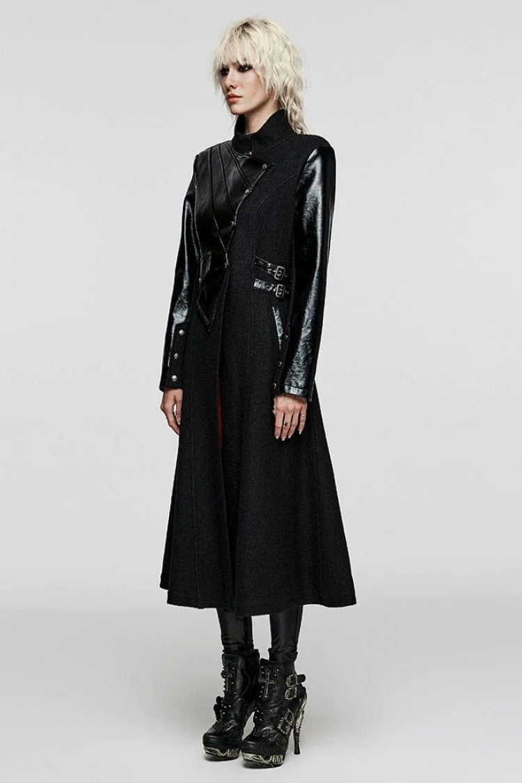 Black Stand Collar Print Faux Leather Stitching Womens Gothic Coat - Product - 3