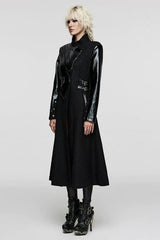 Black Stand Collar Print Faux Leather Stitching Womens Gothic Coat - Product - 3