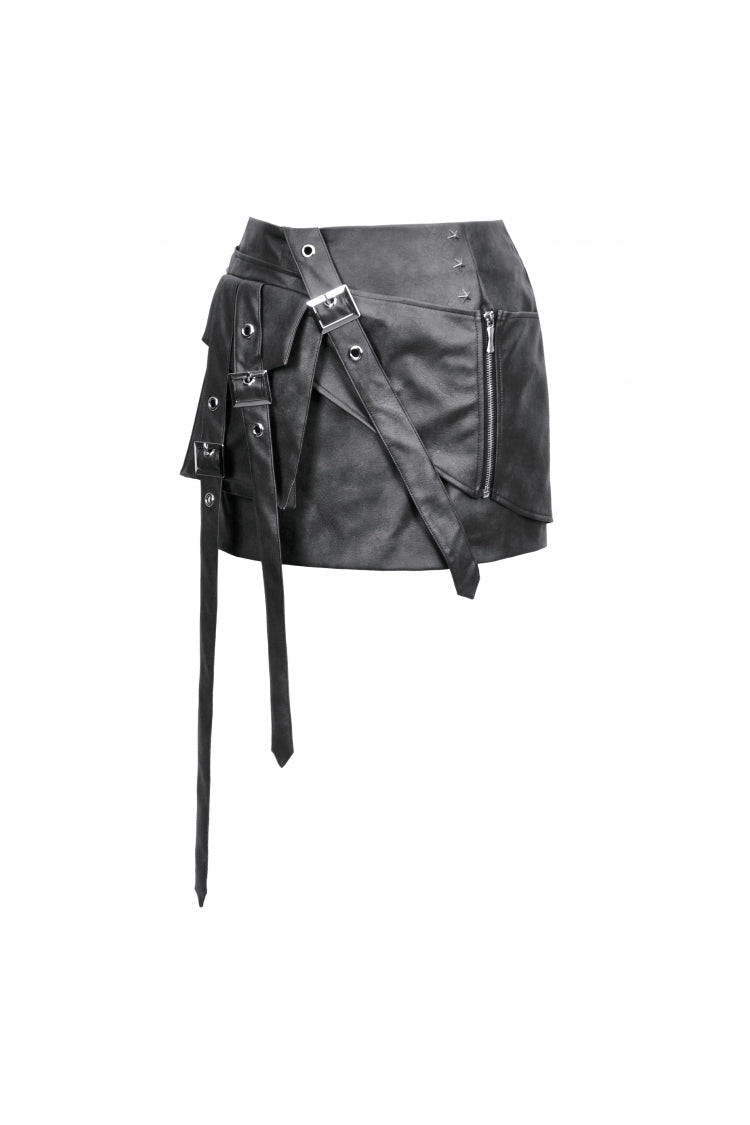 Black Faux Leather Straps Zippered Women's Punk Short Skirt - Product - 3