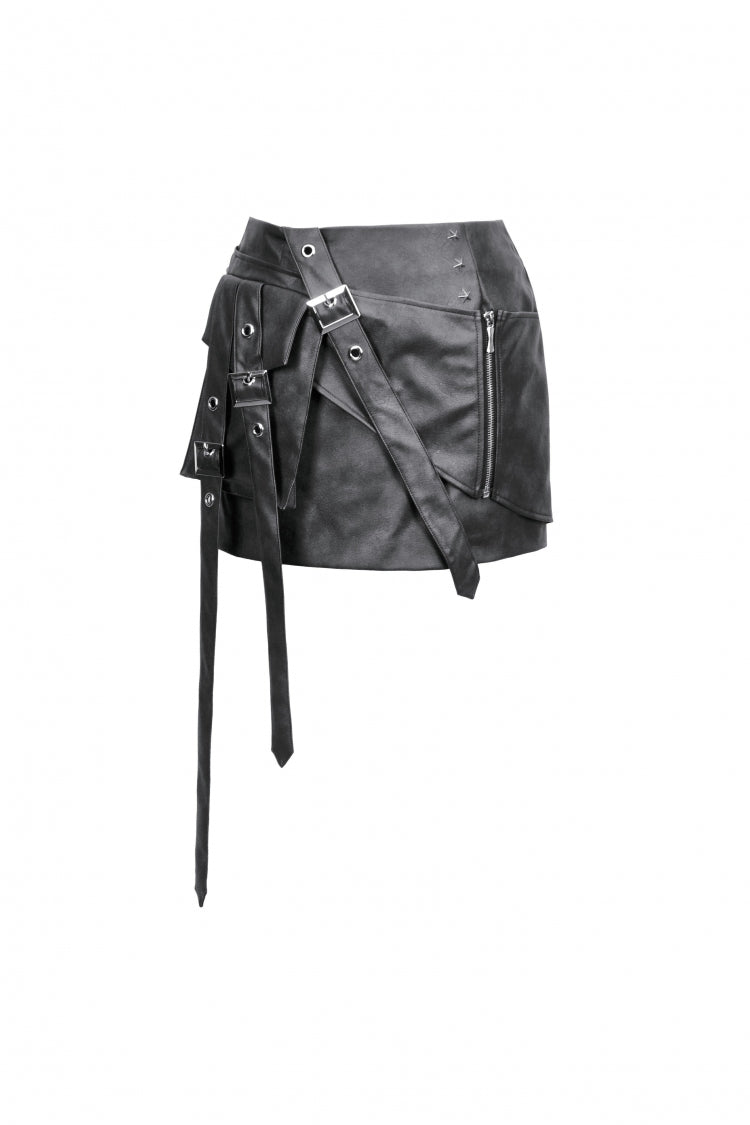 Black Faux Leather Straps Zippered Women's Punk Short Skirt - Product - 3