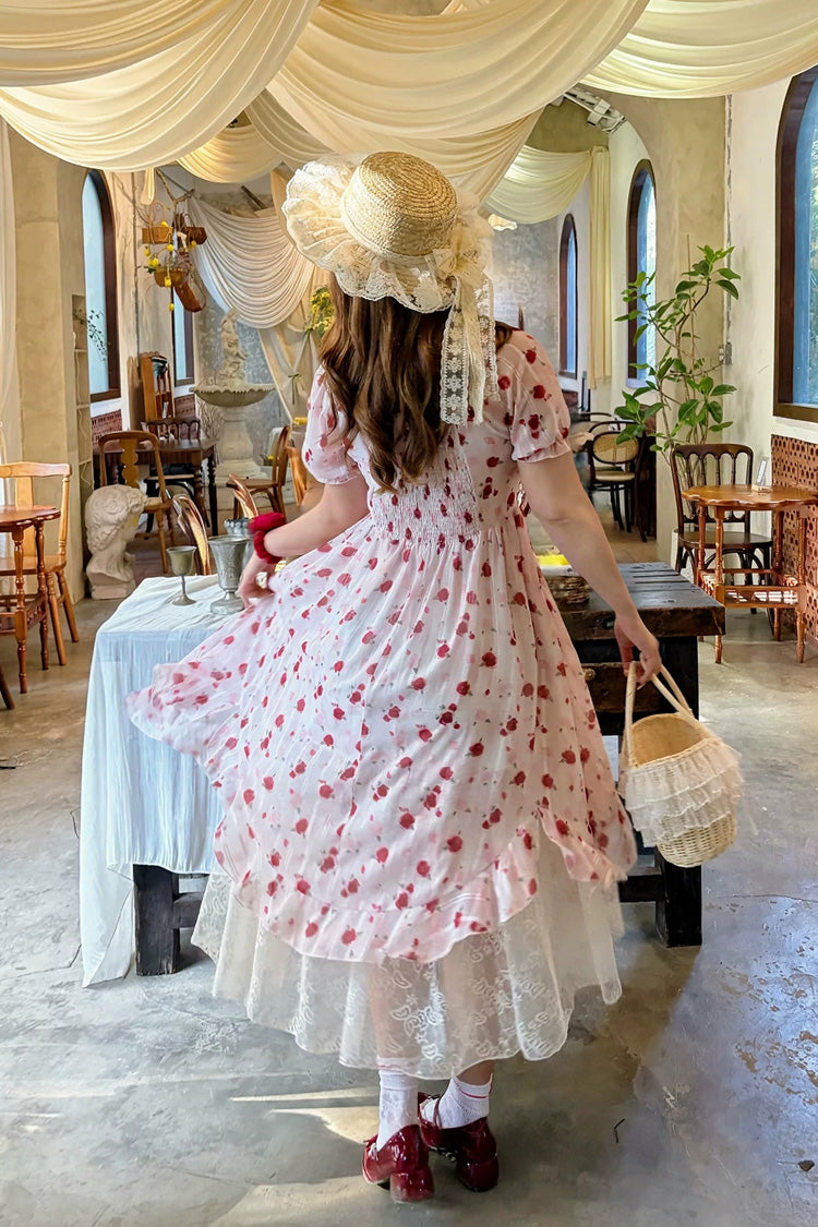 Pink Square Collar Short Sleeves High Waisted Rose Printed Ruffled Sweet Plus Size Lolita Dress - Product - 4