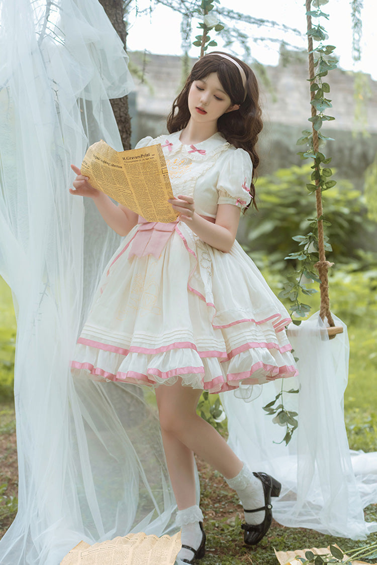 White/Pink Short Sleeves Multi-layer Ruffle Bowknot Sweet Lolita Dress - Product - 3