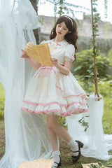 White/Pink Short Sleeves Multi-layer Ruffle Bowknot Sweet Lolita Dress - Product - 3
