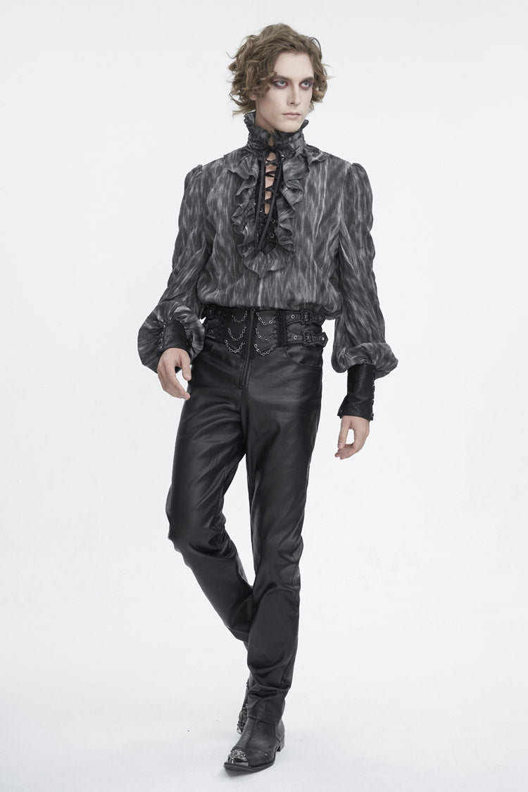 Black/Grey Ruffle Stand Collar Print Lace-Up Men's Gothic Blouse - Product - 2