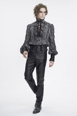 Black/Grey Ruffle Stand Collar Print Lace-Up Men's Gothic Blouse - Product - 2