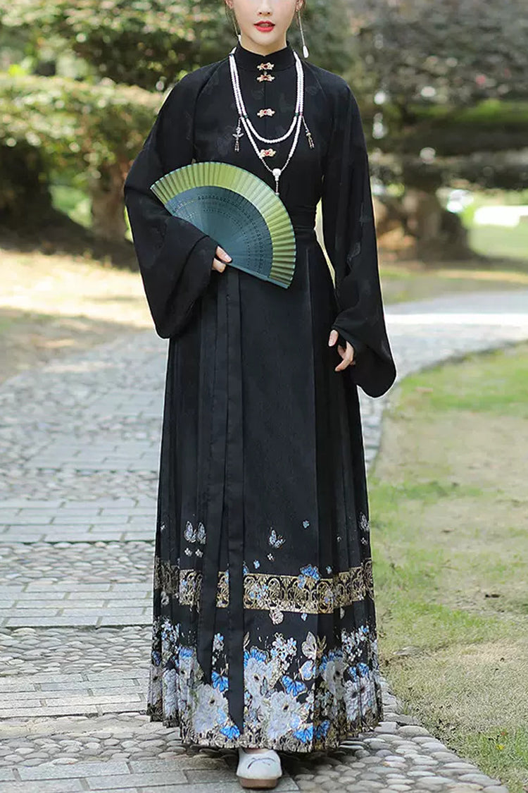 Black Stand Collar High Waisted Print Women's Classic Chinese Style Hanfu Skirt With Blouse - Black - 1