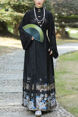 Black Stand Collar High Waisted Print Women's Classic Chinese Style Hanfu Skirt With Blouse - Black - 1