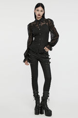 Black Lapel Collar Puff Sleeves Ruffle Stitching Lace Women's Gothic Blouse - Product - 4