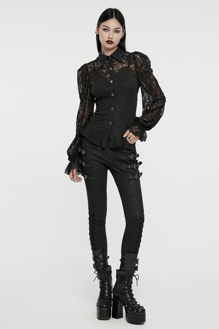 Black Lapel Collar Puff Sleeves Ruffle Stitching Lace Women's Gothic Blouse - Product - 4