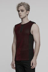 Black/Red Round Collar Sheer Mesh Color Matching Rivet Men's Punk Vest - Product - 2