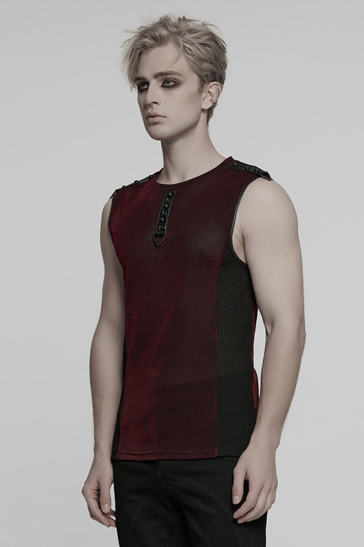 Black/Red Round Collar Sheer Mesh Color Matching Rivet Men's Punk Vest - Product - 2