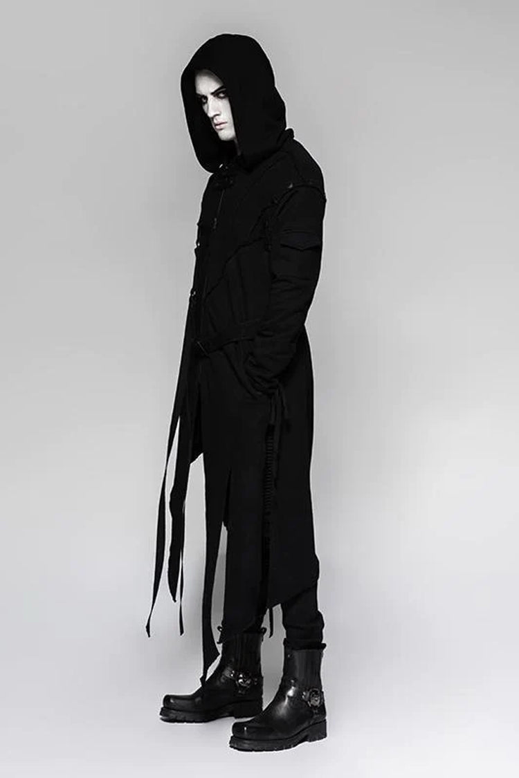 Black Strap Decoration Long Sleeves Irregular Hem Hooded Mens Steampunk Coat - Product - 2