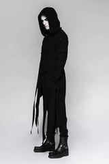 Black Strap Decoration Long Sleeves Irregular Hem Hooded Mens Steampunk Coat - Product - 2