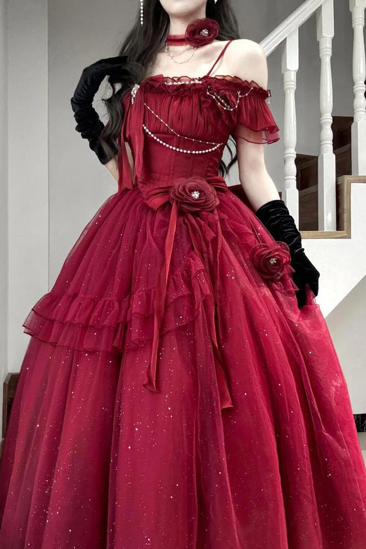 Red [Bright Stars] Off Shoulder Ruffle Bowknot Asymmetric Sweet Elegant Princess Lolita Dress - Product - 3