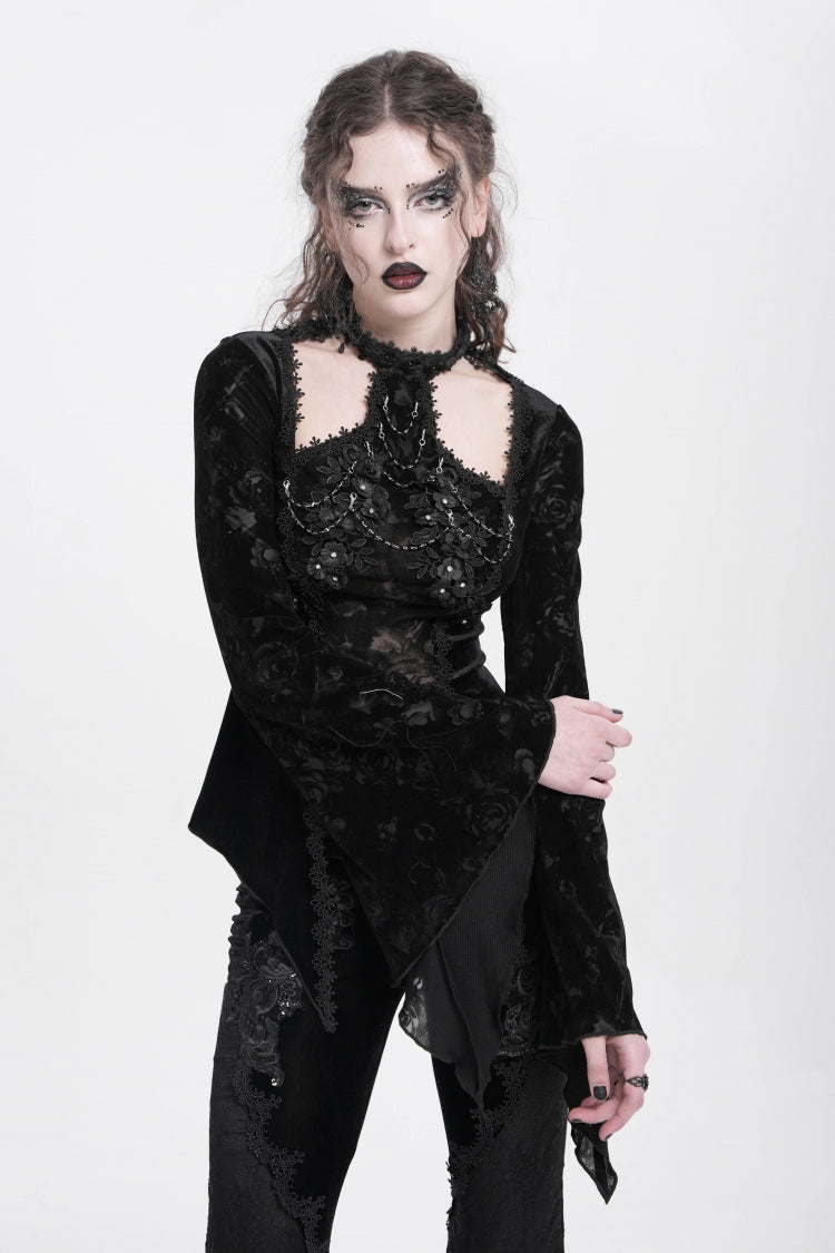 Black Halterneck Long Trumpet Sleeves Jacquard Embroidery Women's Gothic Blouse - Product - 3