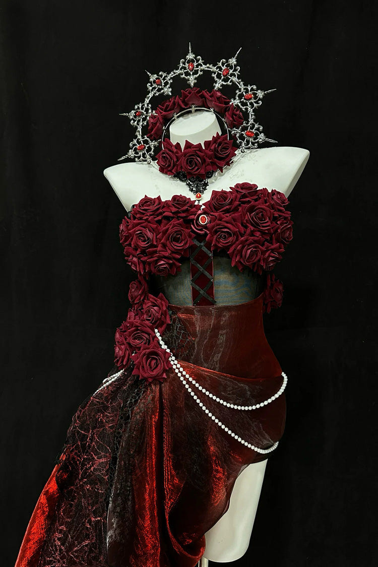 Red [Madame Red] Rose Off Shoulder Sleeveless Jacquard Pearl Detail Gothic Lolita Dress - Product - 6