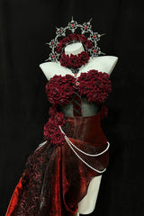 Red [Madame Red] Rose Off Shoulder Sleeveless Jacquard Pearl Detail Gothic Lolita Dress - Product - 6
